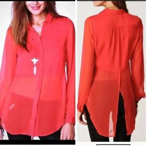Free People Women’s S Red Button-Down Tulip Back Blouse w/Sheer Sleeves/Bottom